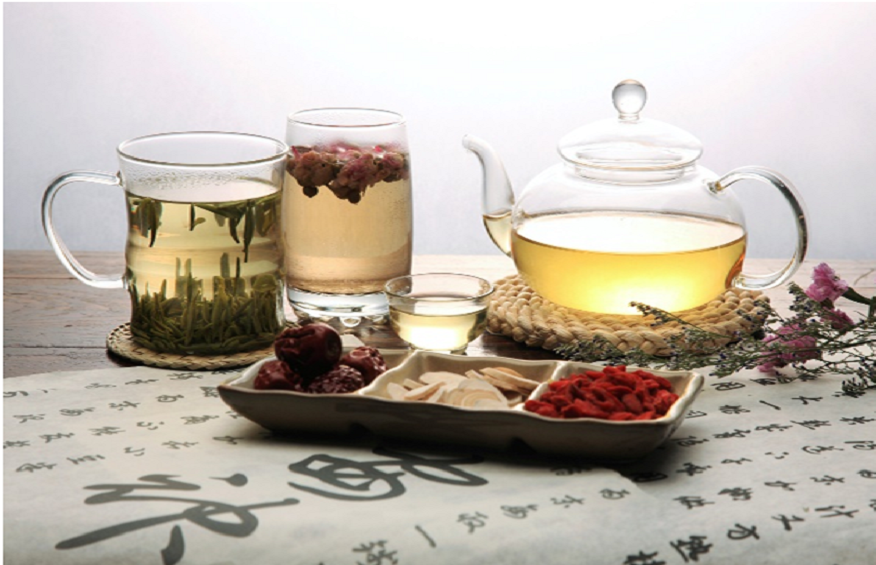 Healthy tea brewed from various Chinese herbs, such as goji berry, red dates, as well as tea infused with rosebuds for self-healing